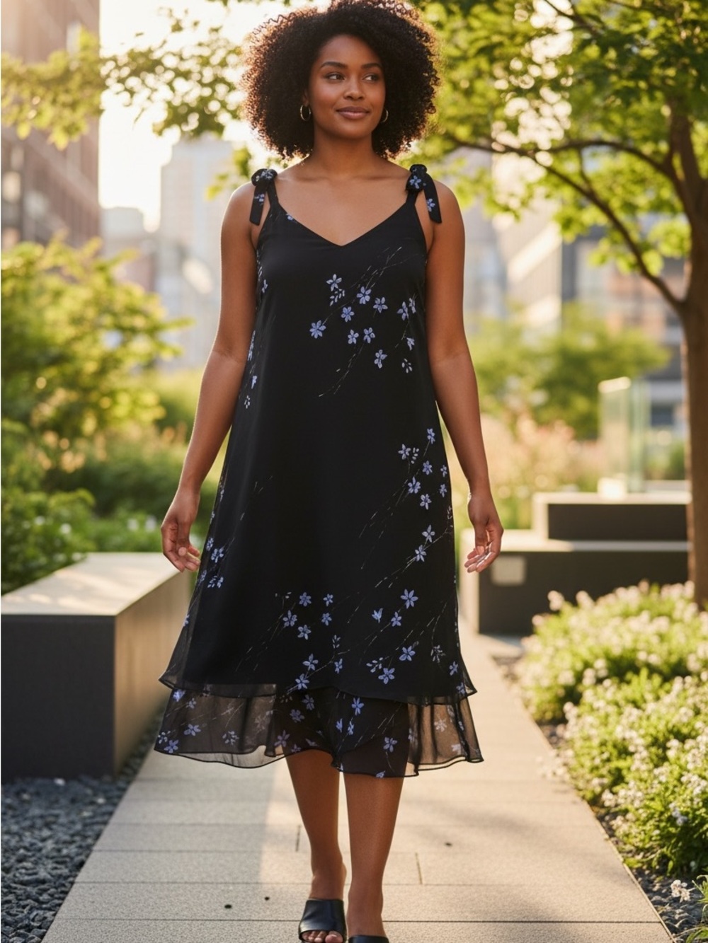 Evan Picone Black Midi Dress with Blue Floral Print and Tie Straps